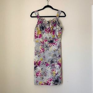 Ann Taylor Loft Gray Floral Dress with Floral Appliqué Halter Neckline